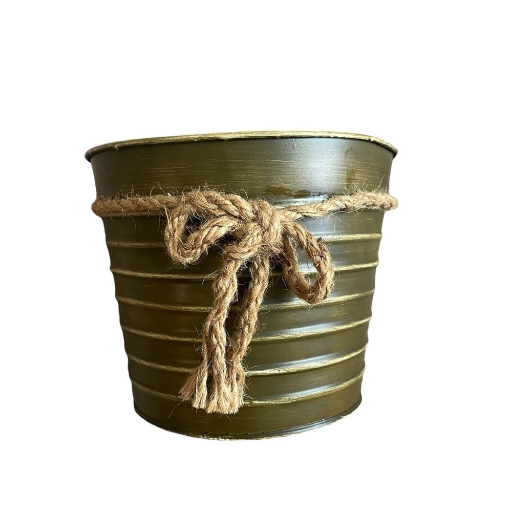 Brown Metal Ribbed Bucket with Rope Bow Fall Home Decor - Picture 3 of 7